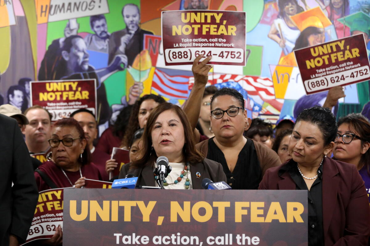 Angelica Salas, Executive Director, CHIRLA, speaks to the media, astatine a property conference.