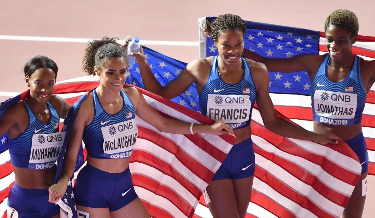 The American women's 1,600-meter relay team of Dalilah Muhammad, Sydney Mclaughlin, Phyllis Francis and Wadeline Jonathas their victory Sunday.