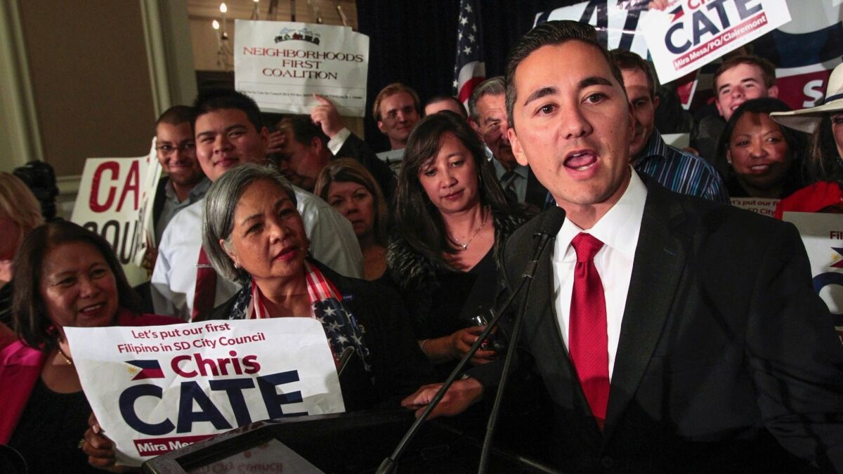 Murphy's law caught up with San Diego City Council's Chris Cate, shown speaking to his supporters when he was elected nearly four years ago. He was fined this month for inadvertently sending a campaign related email to some city employees whose names were on a much larger list.