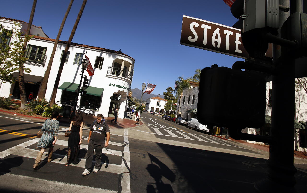 Pedestrians and shoppers on State Street in Santa Barbara.