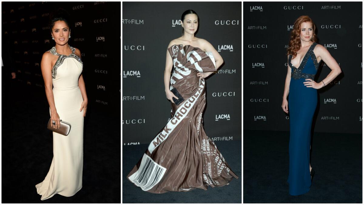 Fashion standouts at the Nov. 1 LACMA Art + Film Gala included, from left, Salma Hayek in Gucci, China Chow in Jeremy Scott and Amy Adams in Gucci.