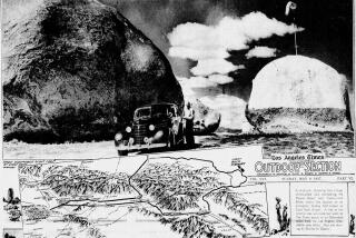 Newspaper clipping shows photograph of 1930s auto at Giant Rock, plus a detailed map locating Giant Rock Airport.