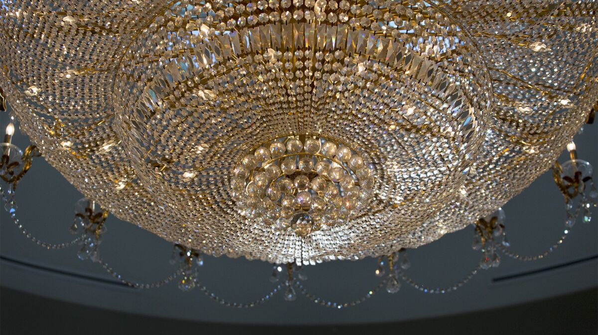 A giant crystal chandelier hangs from the ceiling in the prayer room at the Islamic Institute of Orange County in Anaheim.