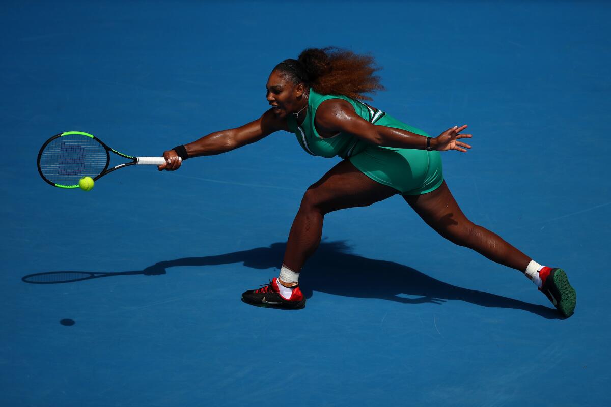 Serena Williams in action in her first round match against Tatjana Maria of Germany during Day 2 of the 2019 Australian Open at Melbourne Park.