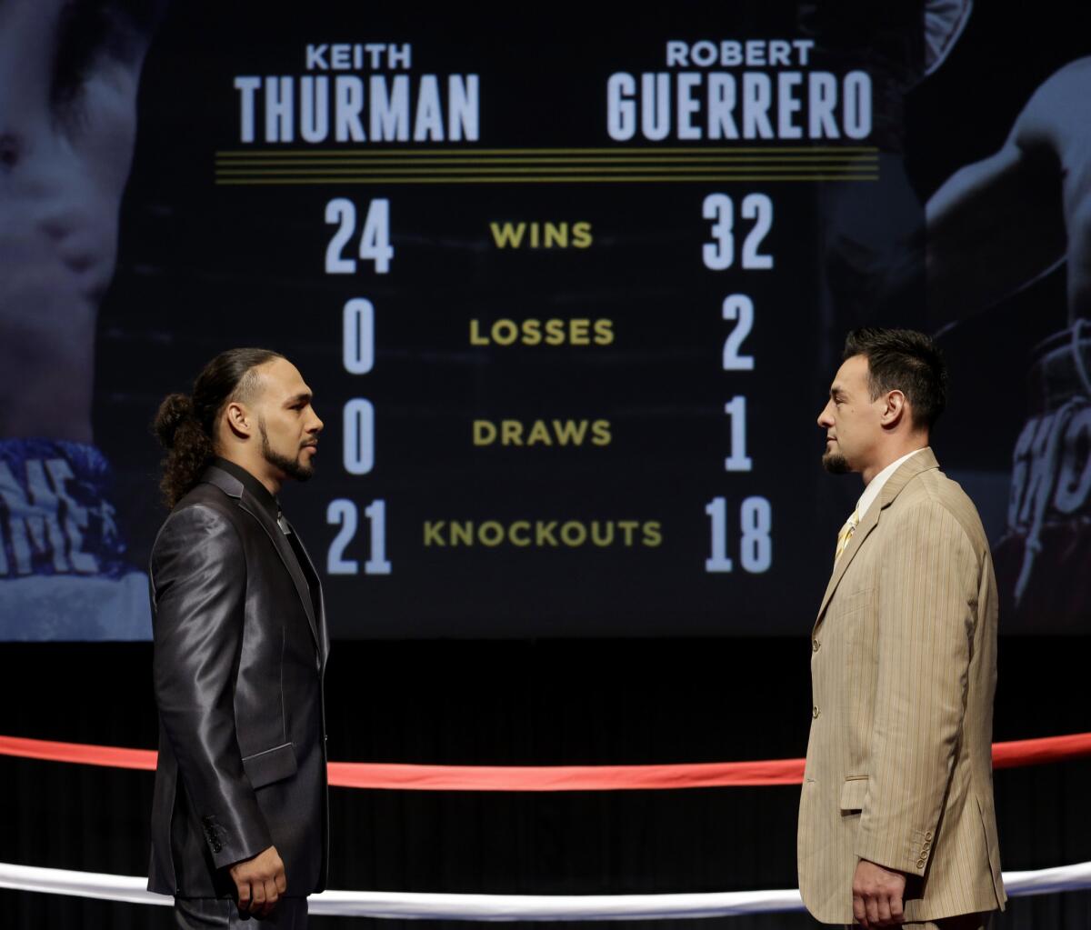 Boxers Keith Thurman, left, and Robert Guerrero appear during a news conference in New York on Wednesday. A fight between Thurman and Guerrero will be broadcast in prime time on NBC on March 7.