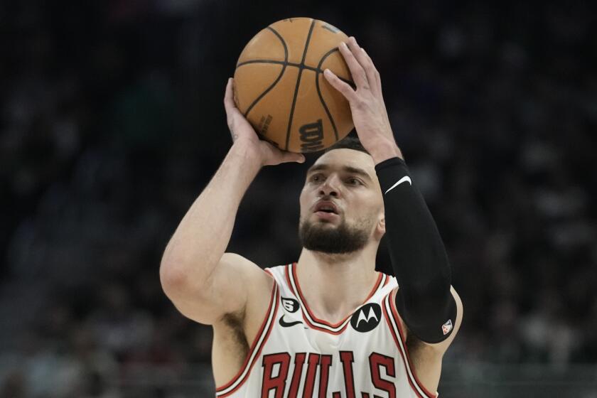 Chicago Bulls' Zach LaVine during the second half of an NBA basketball game against the Milwaukee Bucks Wednesday, April 5, 2023, in Milwaukee. The Bucks won 105-92. (AP Photo/Morry Gash)
