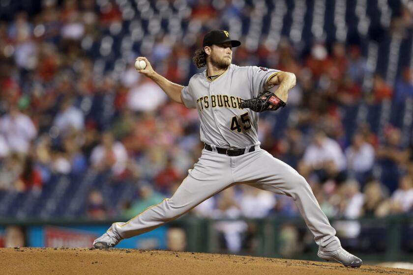 Pittsburgh Pirates pitcher Gerrit Cole in action during a game against the Philadelphia Phillies Monday.