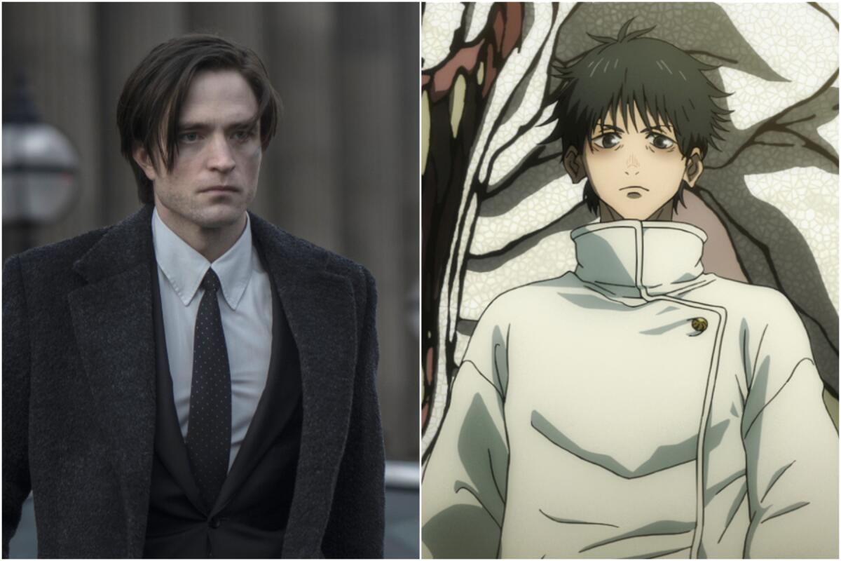 A split image of a man wearing a gray suit, left, and an anime character wearing a white jacket.
