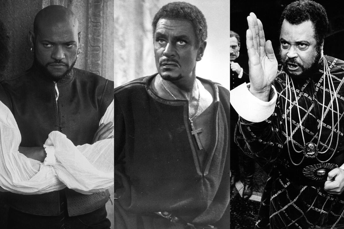 Three actors as Othello: Laurence Fishburne in 1995, Laurence Olivier in blackface in 1952, James Earl Jones in 1981.