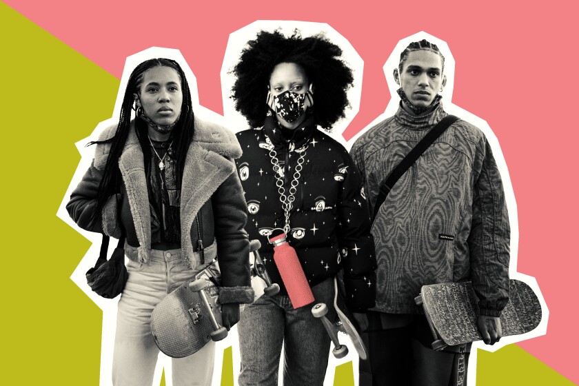 A photo illustration of three young people with skateboards under their arm