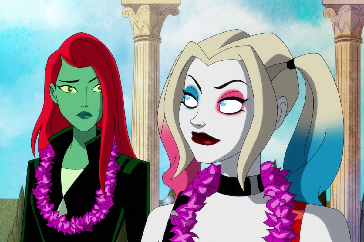 Poison Ivy and Harley Quinn wear leis.
