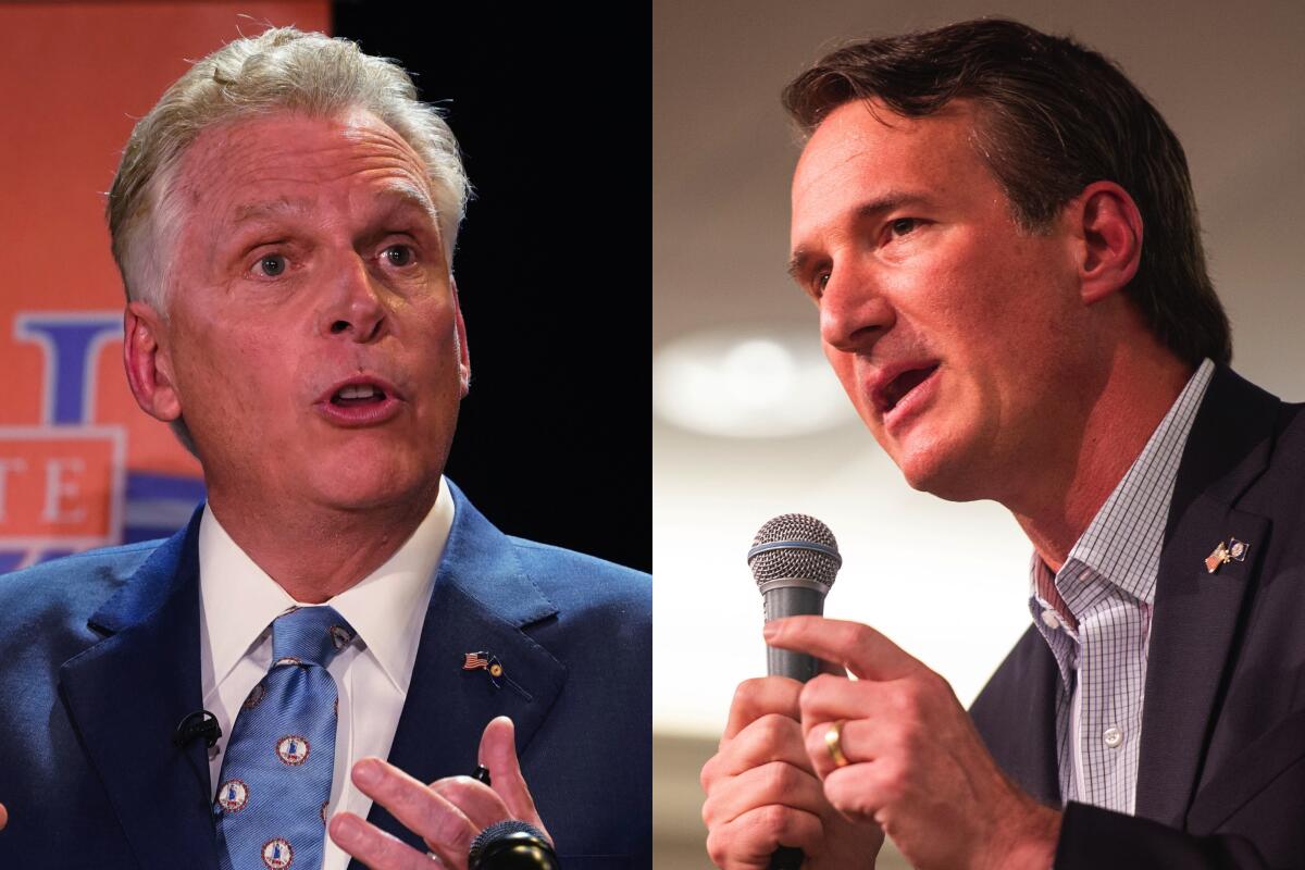 Side-by-side photos of Terry McAuliffe, left, and Glenn Youngkin