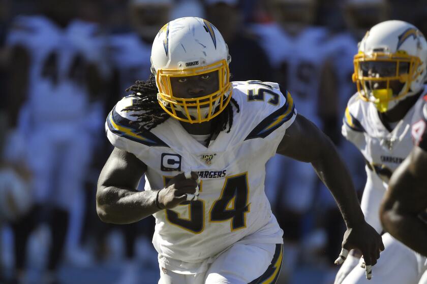 Los Angeles Chargers defensive end Melvin Ingram runs a play during the second half of an NFL football game against the Houston Texans Sunday, Sept. 22, 2019, in Carson, Calif. (AP Photo/Mark J. Terrill)