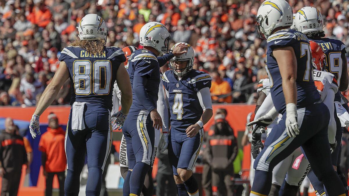 Chargers kicker Michael Badgley is congratulated by teammates after making an extra point against the Browns.
