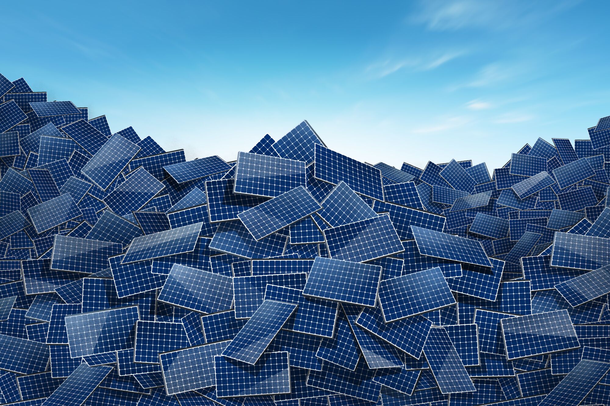 An illustration shows a pile of solar panels with a blue sky in the background.