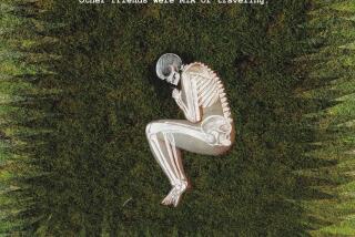 An illustration from a book featuring written words on a dark green field and a skeletal body in a fetal position.