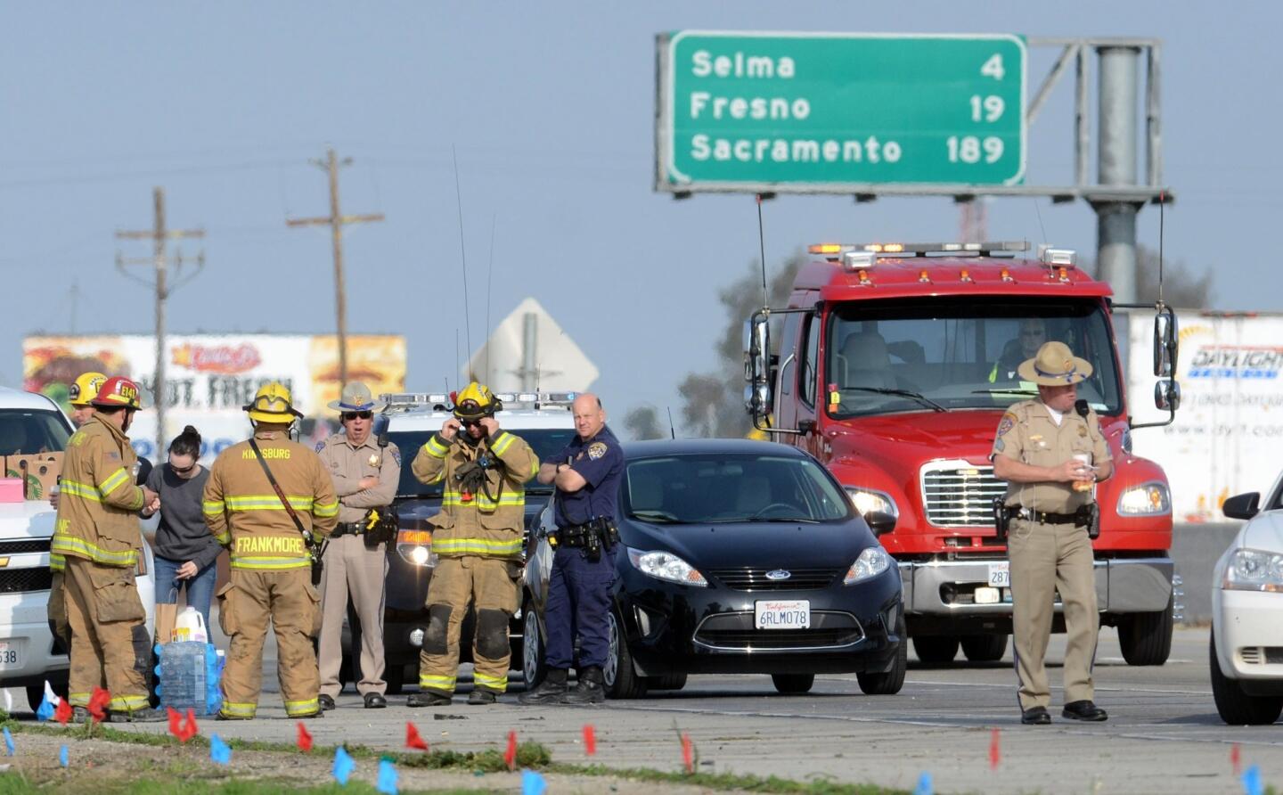 The scene at State Route 99, where two California Highway Patrol officers were killed in a vehicle accident in Kingsburg, south of Fresno.