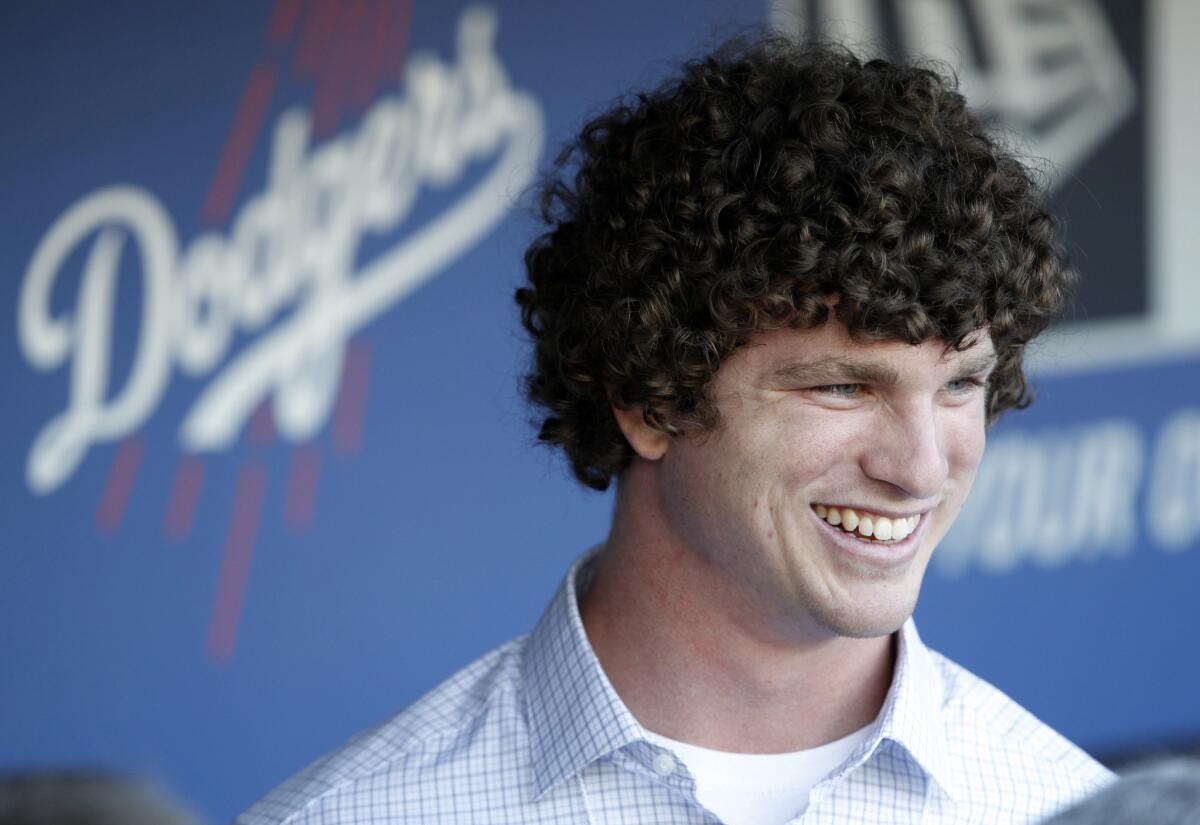 Dodgers first-round draft pick Grant Holmes talks with the media on Monday.