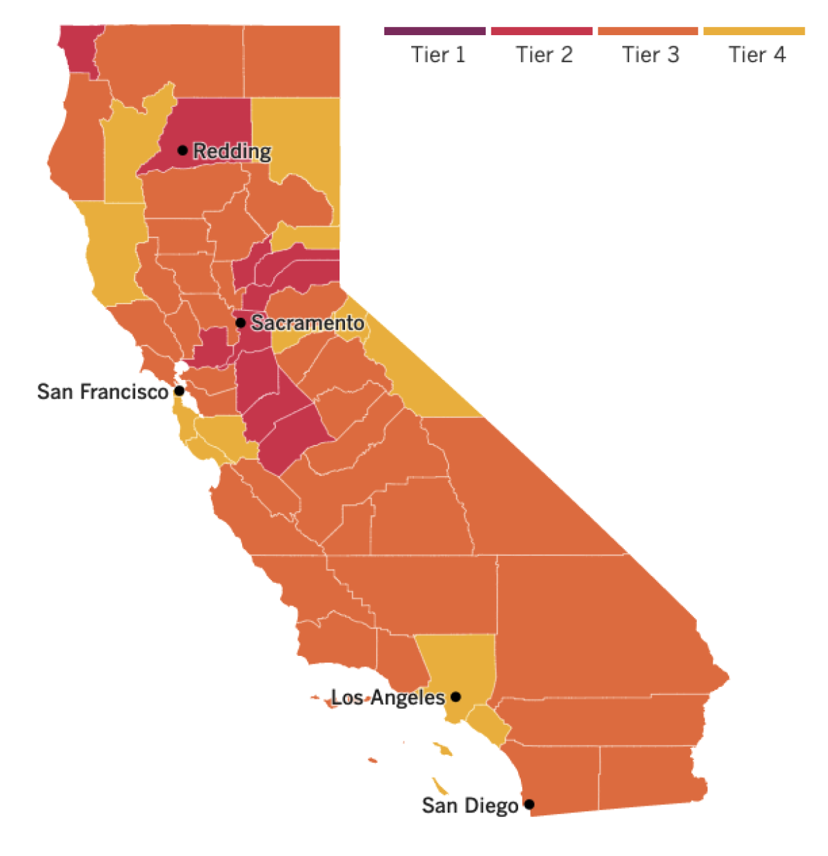 A map of California showing most counties in Tier 3  and some in Tier 2 and Tier 4