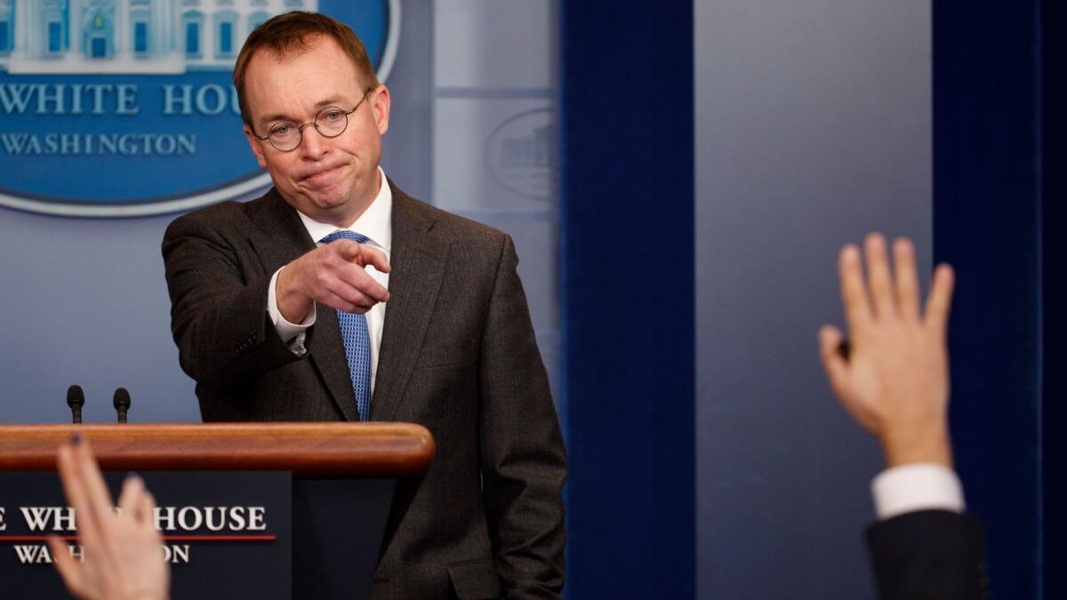 Office of Management and Budget Director Mick Mulvaney leads a White House news briefing about a possible government shutdown.