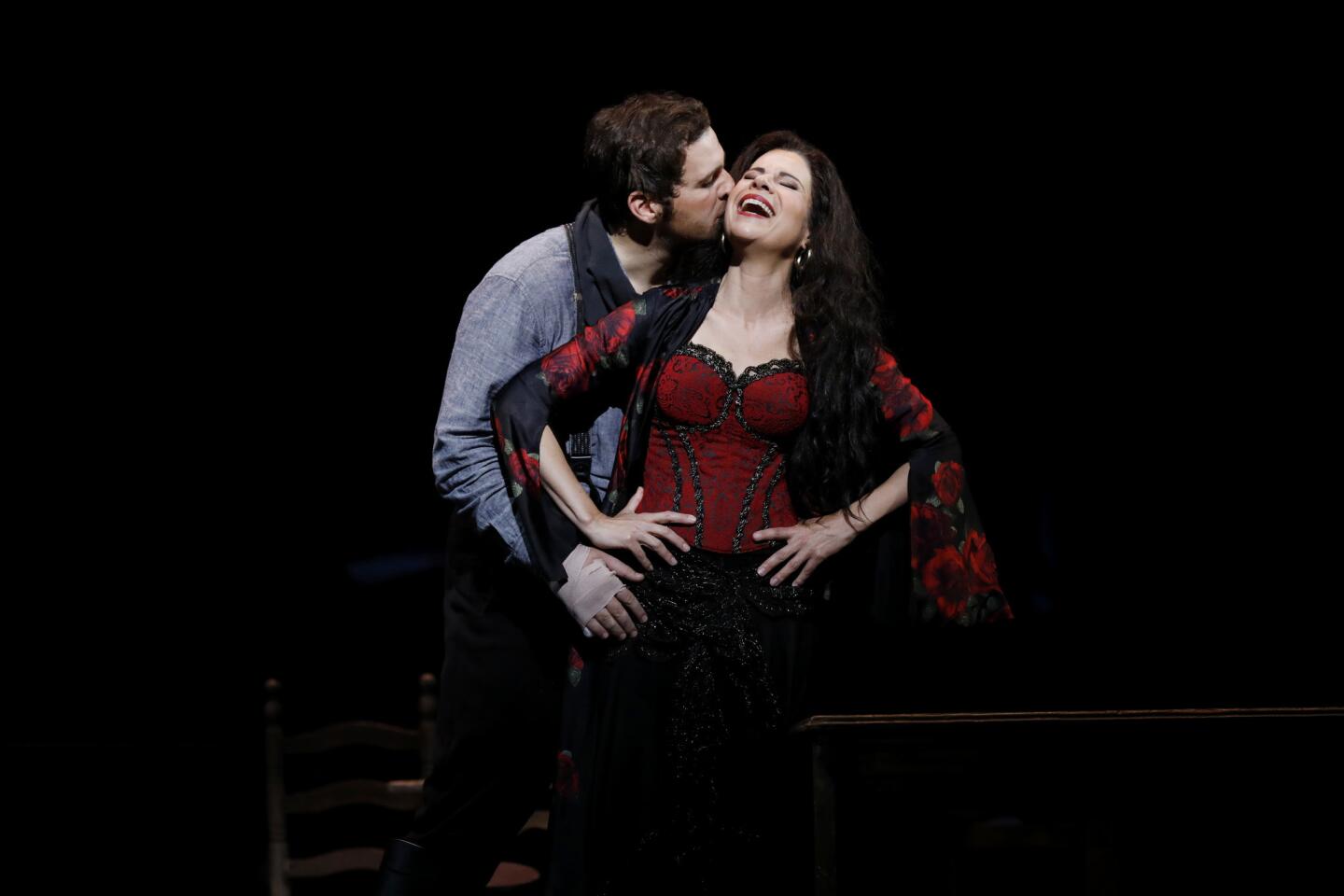 Riccardo Massi as Don Jose and Ana Maria Martinez as Carmen in Act 2 in a dress rehearsal of "Carmen" at the Dorothy Chandler Pavilion.