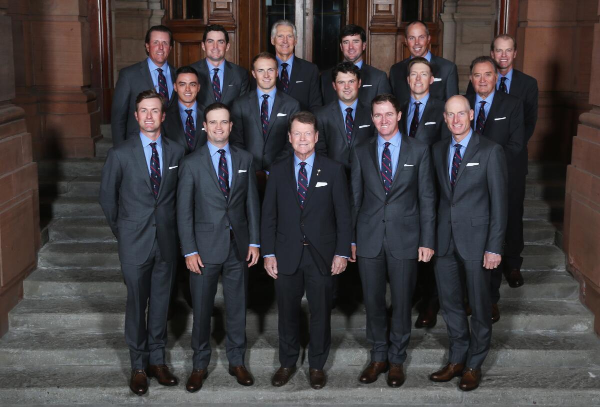Phil Mickelson, Keegan Bradley, vice captain Andy North, Bubba Watson, Matt Kuchar, vice captain Steve Stricker, (middle row L-R) Rickie Fowler, Jordan Spieth, Patrick Reed, Hunter Mahan, vice captain Raymond Floyd, (front row L-R) Webb Simpson, Zach Johnson, Tom Watson, Captain of the United States, Jimmy Walker and Jim Furyk of the United States team pose during the 2014 Ryder Cup Gala Dinner.
