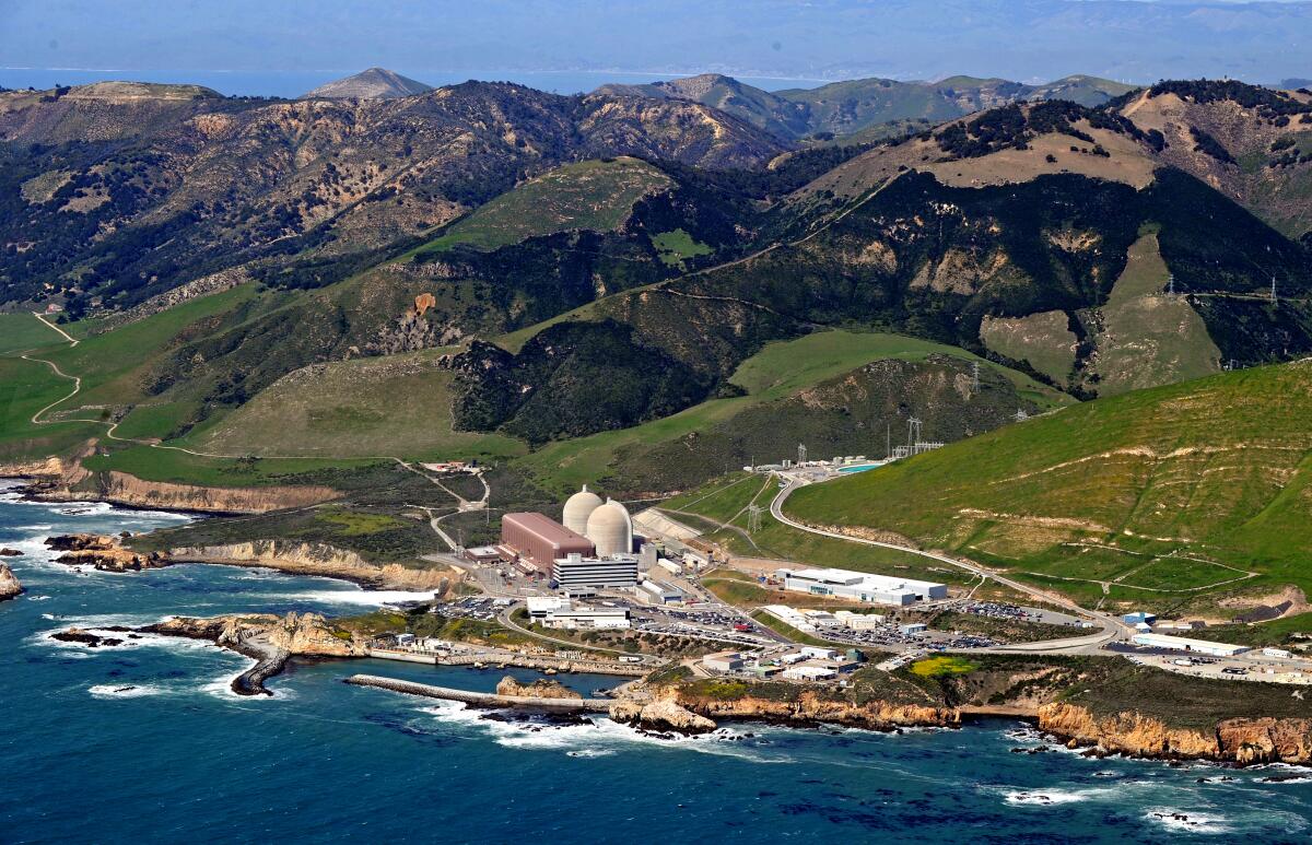 An aerial view of the Diablo Canyon nuclear power plant on the coast.