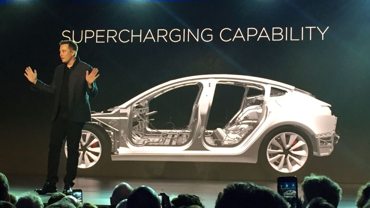 Tesla Motors Inc. CEO Elon Musk speaks at the unveiling of the Model 3 at the Tesla Motors design studio in 2016.