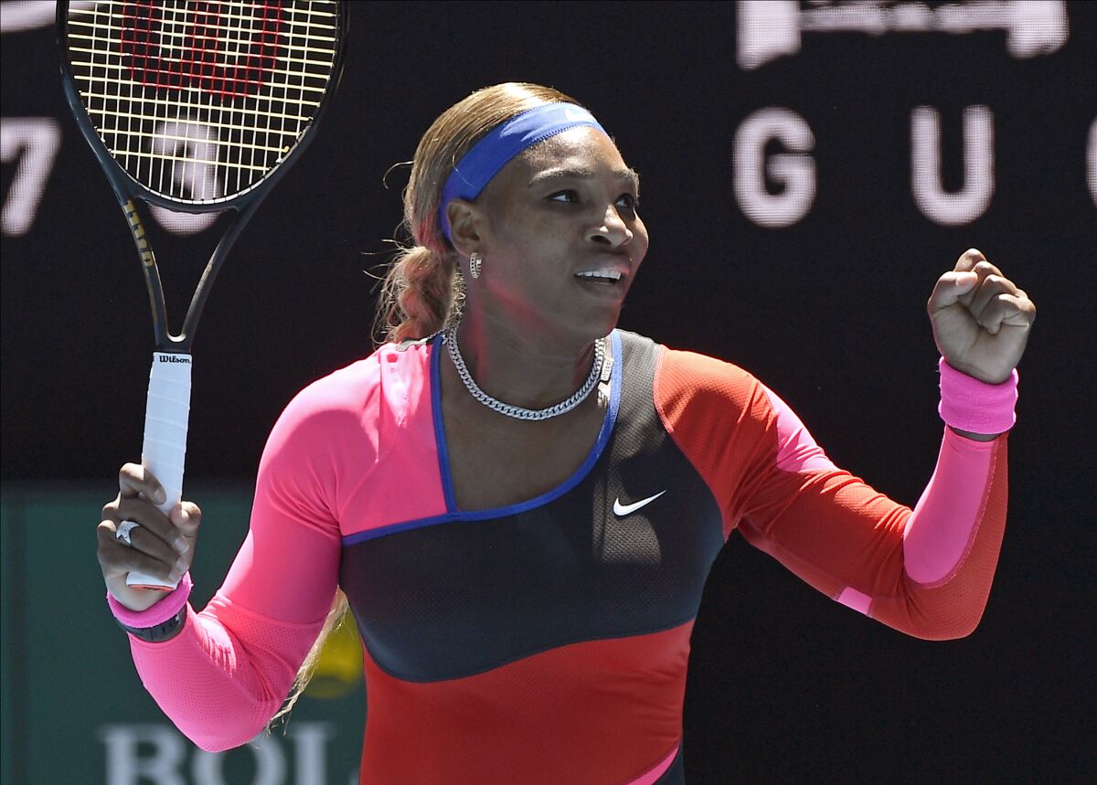 Serena Williams reacts after winning the first set against Anastasia Potapova.