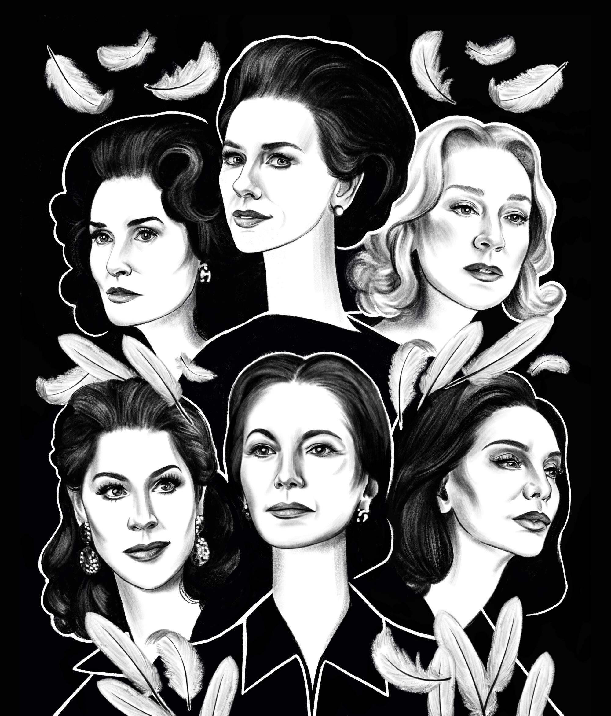 A black-and-white illustration of the women in "Feud."