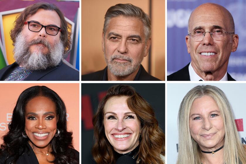 From left to right, top to bottom, Jack Black, George Clooney, Jeffrey Katzenberg, Sheryl Lee Ralph, Julia Roberts and Barbra Streisand. (Associated Press)