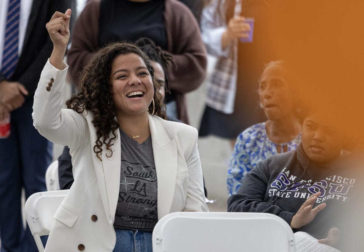 Sade Elhawary cheers during her campaign kickoff.