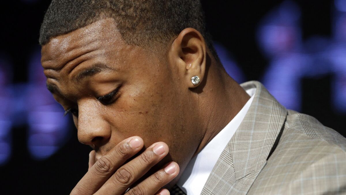 Ray Rice pauses while speaking during a news conference at the Baltimore Ravens' practice facility in May. The NFL's handling of the Rice incident shows the league's apparent indifference to the seriousness of domestic violence.