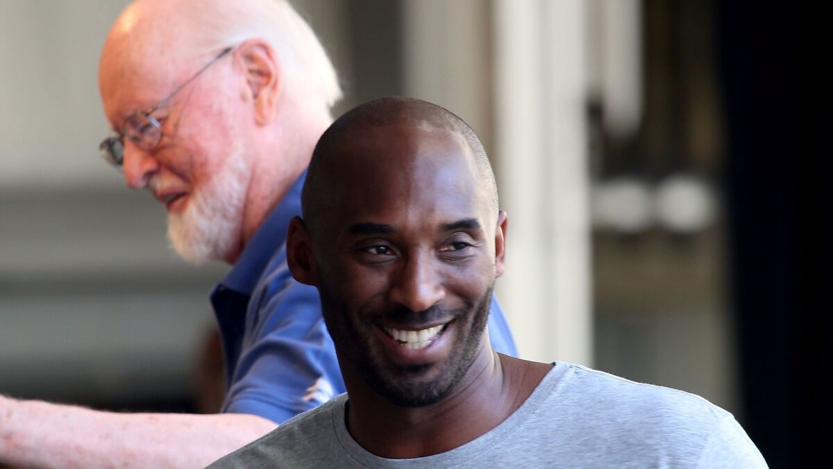 Kobe Bryant and John Williams rehearsing with the Los Angeles Philharmonic on Thursday at the Hollywood Bowl. The next day, the basketball star made a surprise appearance at the Bowl to premiere his short film with music by Williams.