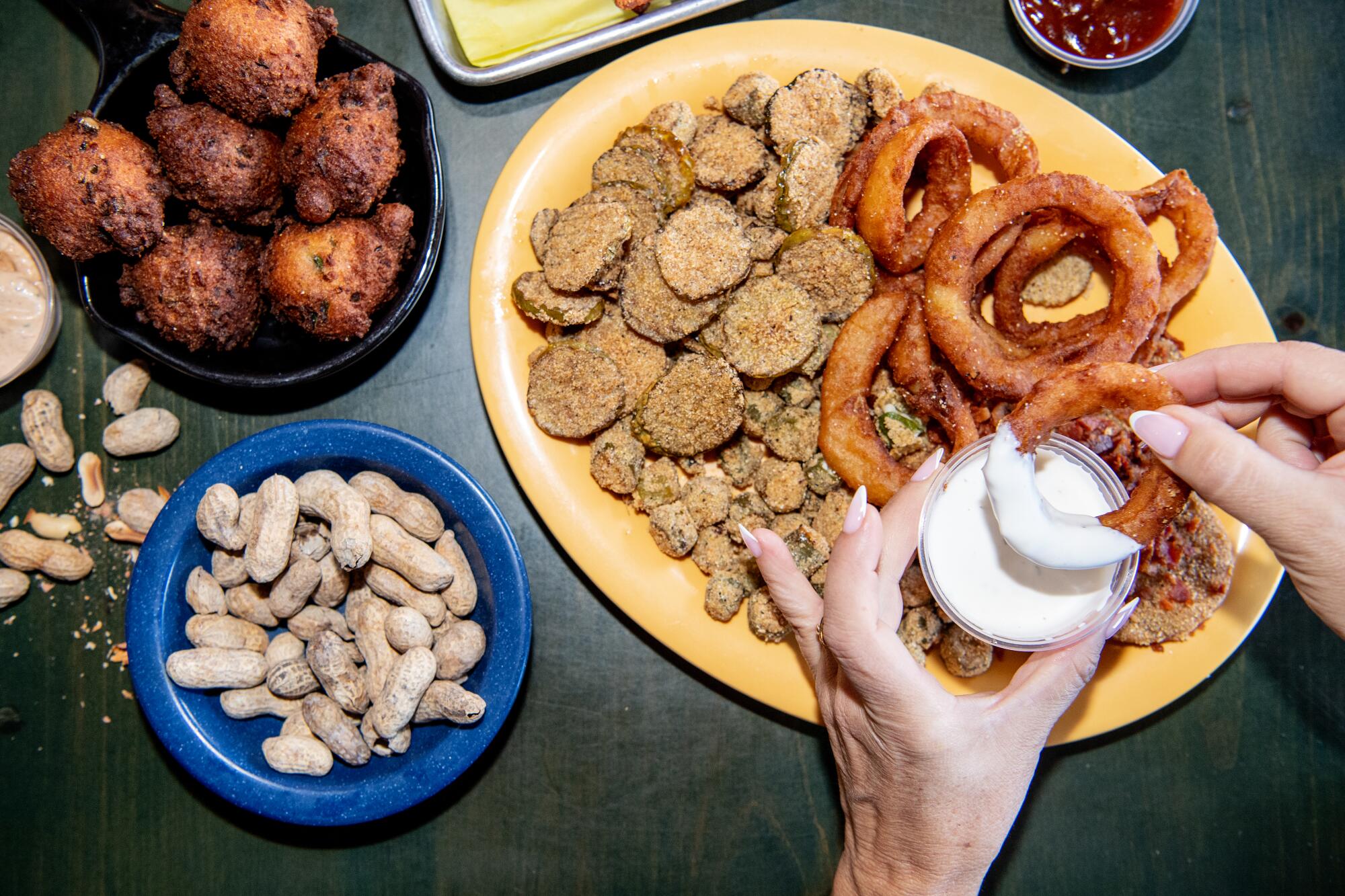 Hush puppies and the Whole South Sampler platter.