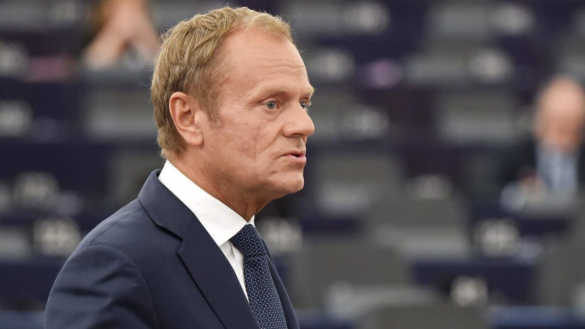 European Council President Donald Tusk speaks at a debate on July 3.