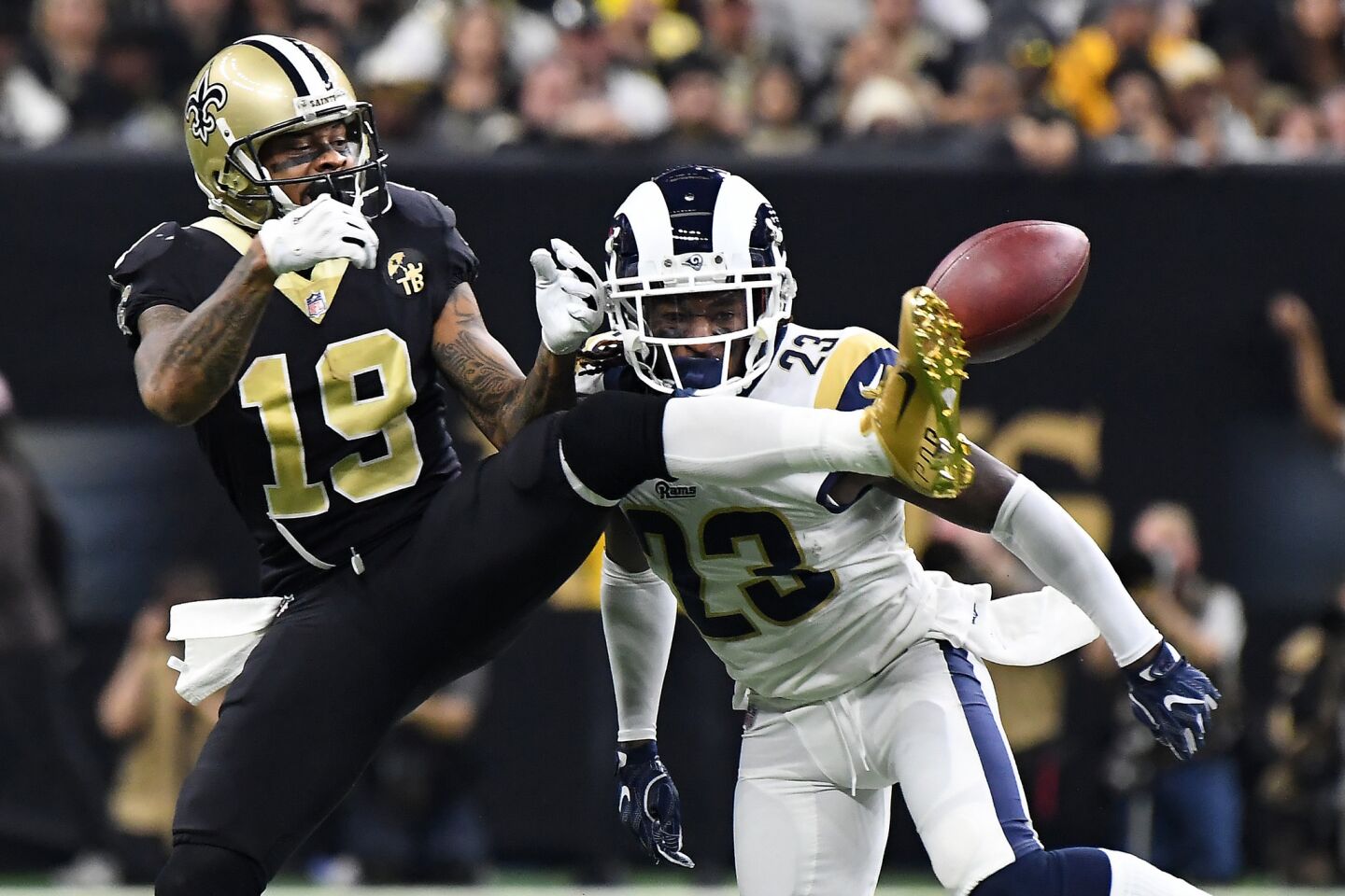 Rams conterback Nickell Robey-Coleman knocks the ball away from New Orleans Saints receiver Ted Gin Jr. in the fourth quarter in the NFC Championship at the Superdome in New Orleans Sunday.