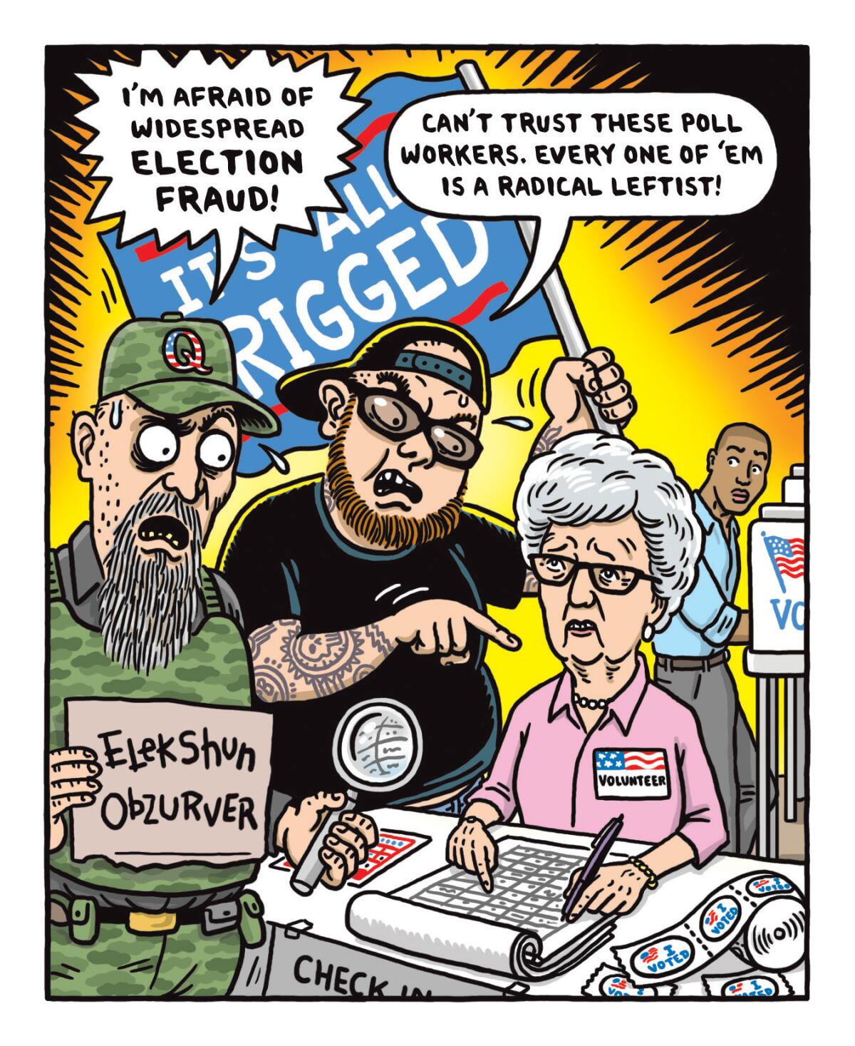 Illustration of two men protesting the election and harassing an elderly woman who is volunteering at the voting polls