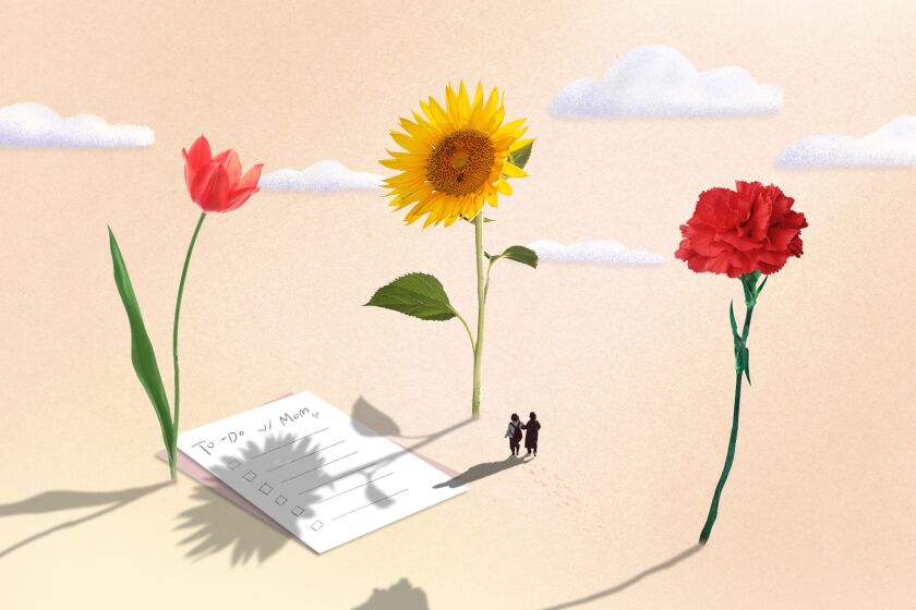 Two people walking under a group of flowers with a to-do list of things to do with mom.