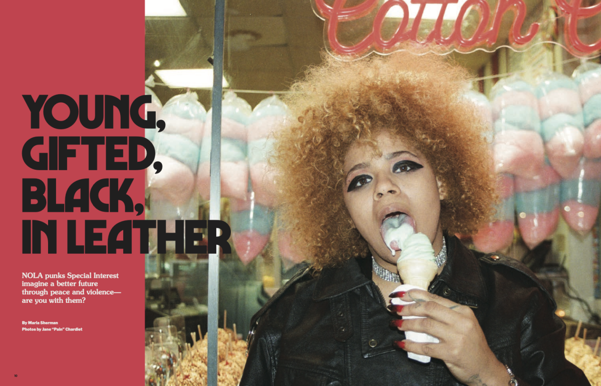 A person licking an ice cream cone next to the words "Young, gifted, black, in leather"