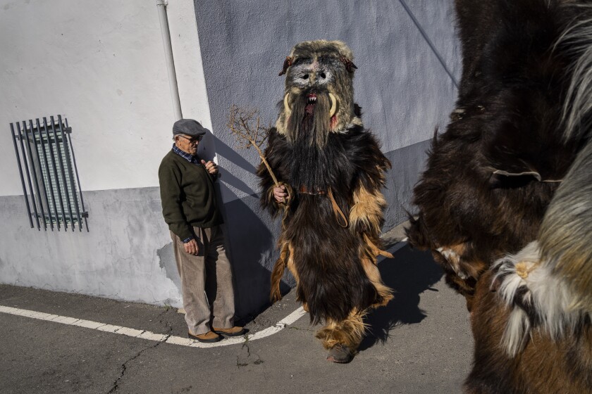 Men dressed as wild animals or "Carantonas" walk towards the church during "Las Carantonas" festival in Acehuche, southeast Spain, Thursday, Jan. 20, 2022. With roots in pagan traditions of fertility that were incorporated into religious symbolism, the ancient festival currently marks Acehuche's patron, Saint Sebastian, whom the Catholic tradition considers a martyr of the early anti-Christian Romans. After the 2021 edition was canceled amid a strong surge in coronavirus cases, the festival went ahead in late January this year and under strict mask-wearing rules despite record numbers of infections across Spain fuelled by an ultra-contagion virus variant. (AP Photo/Bernat Armangue)
