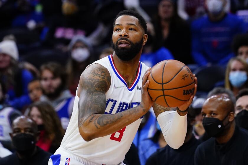 Los Angeles Clippers' Marcus Morris Sr. plays during an NBA basketball game.