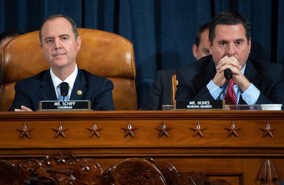 House Intelligence Committee Chairman Adam B. Schiff (D-Burbank) and ranking Republican Rep. Devin Nunes (R-Tulare), during the first public impeachment hearings.