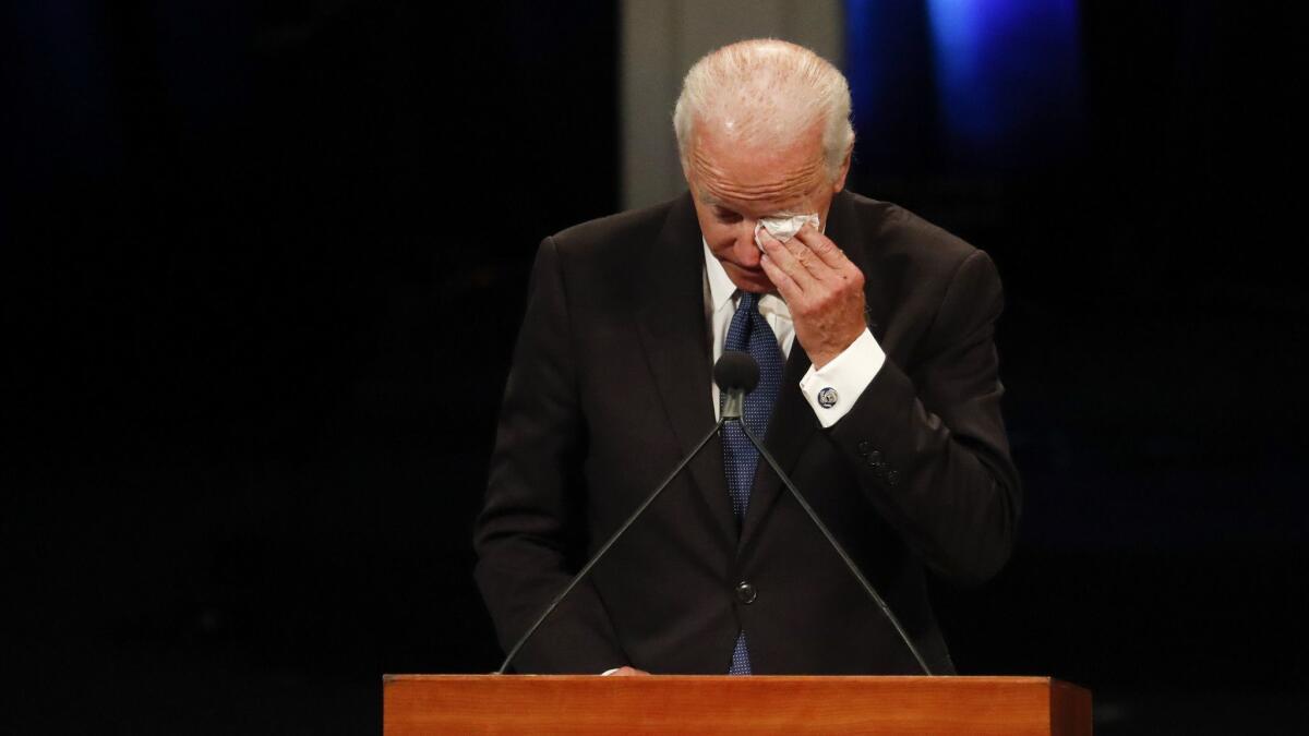 Former Vice President Joe Biden delivers a tearful tribute during a memorial service in Phoenix for his longtime friend Sen. John McCain.