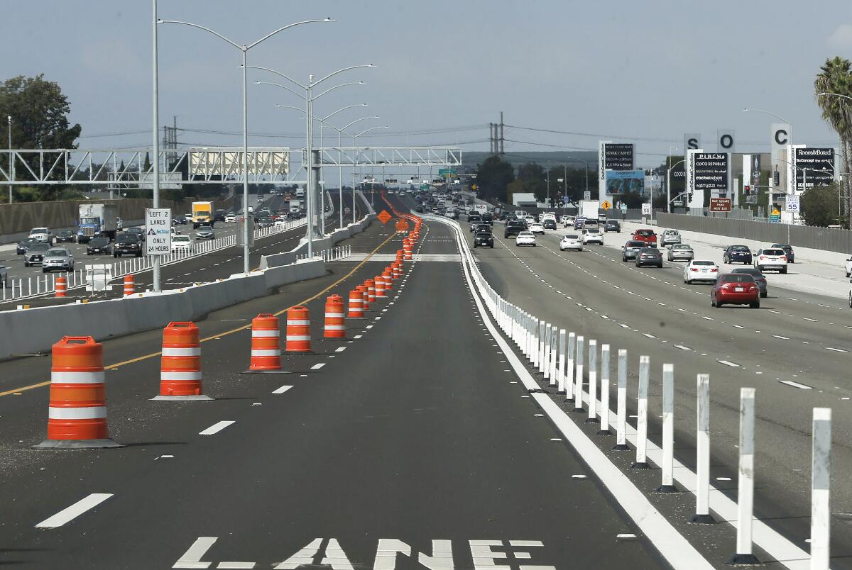 Looking north, the new 405 Express Lanes stretch through Fountain Valley.