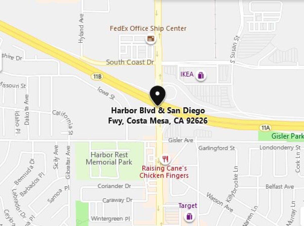 One person was killed in a two-vehicle crash reported at about 12:45 a.m. Tuesday on the southbound 405 Freeway near Harbor Boulevard in Costa Mesa.