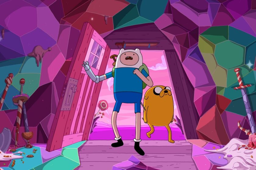 A scene from Cartoon Network's "Adventure Time." Pictured are Finn the Human voiced by Jeremy Shada and Jake the Dog voiced by John DiMaggio. Episode: Elements Pt. 1: Skyhooks. Credit: Cartoon Network