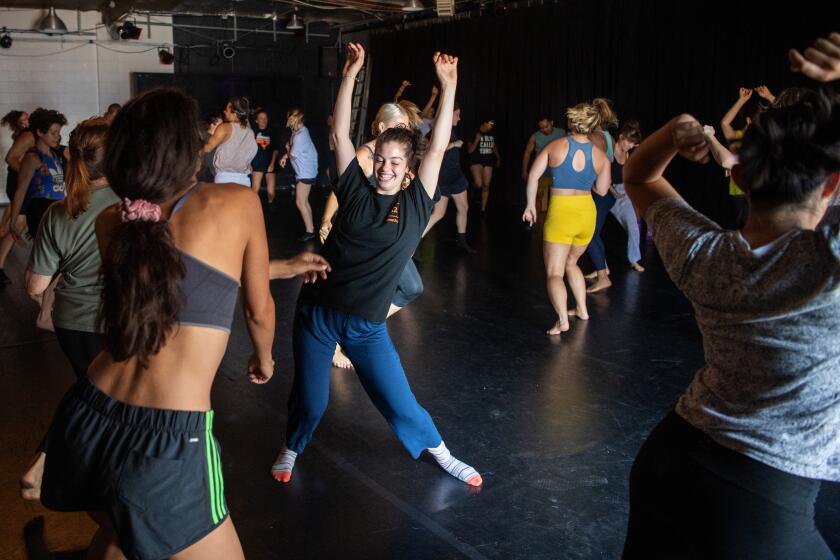 LOS ANGELES, CA-August 25, 2019: Participants have a blast during a morning Dance Church class offered at Ryan Heffington's The Sweat Spot on Sunday, August 25, 2019. Dance Church is an all inclusive dance party that offers a robust workout for all ages and skill levels. (Mariah Tauger / Los Angeles Times)