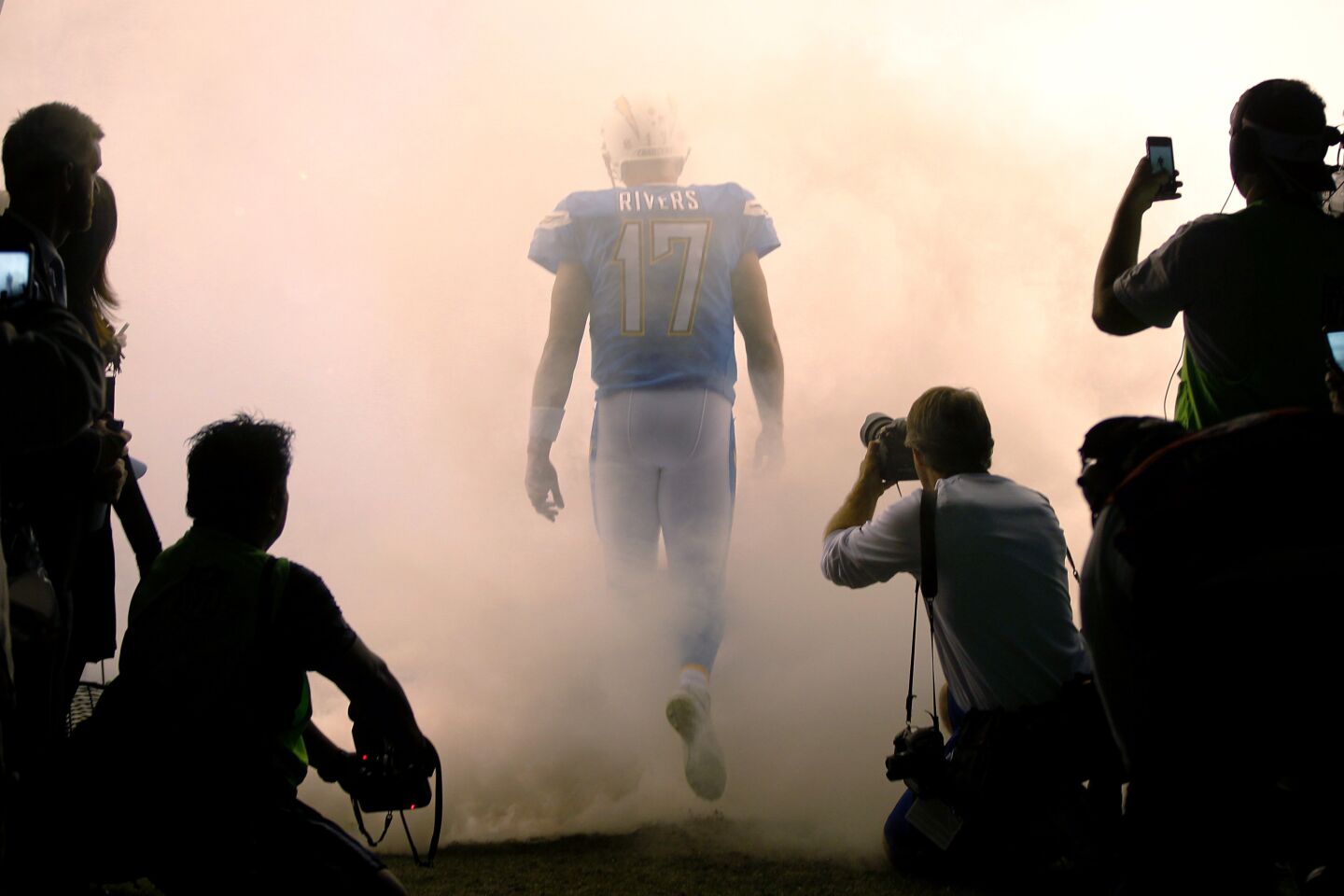 Chargers Philip Rivers is announced before a game against the Patriots at Qualcomm Stadium on Dec. 7, 2014.