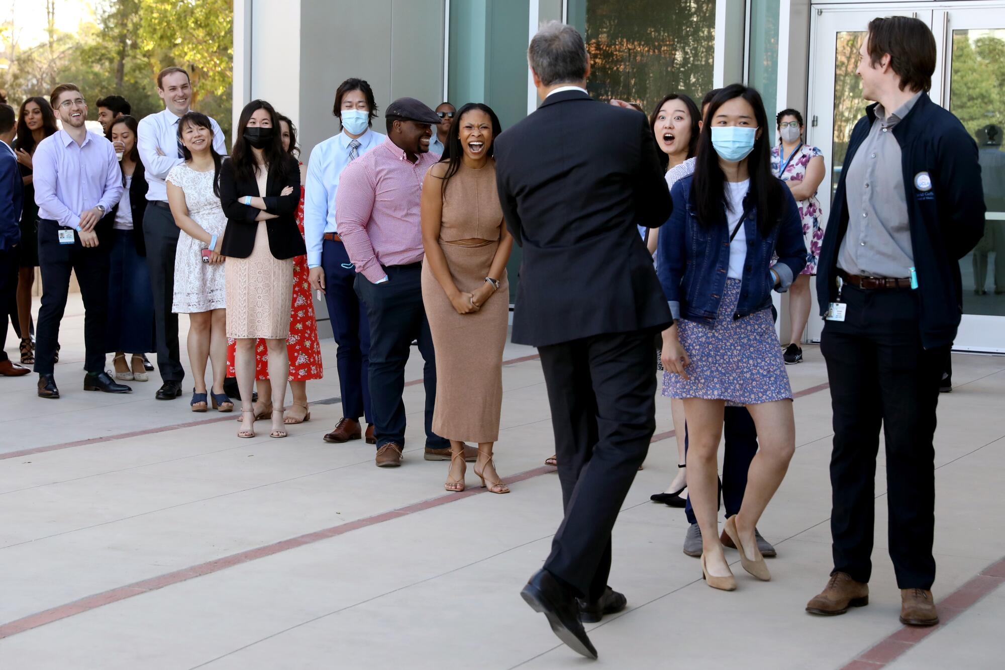 Medical students stand in line at UCLA
